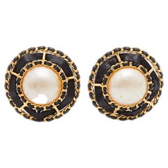 Chanel Vintage Gold Tone Leather Woven Pearl Dome Clip-On Earrings
