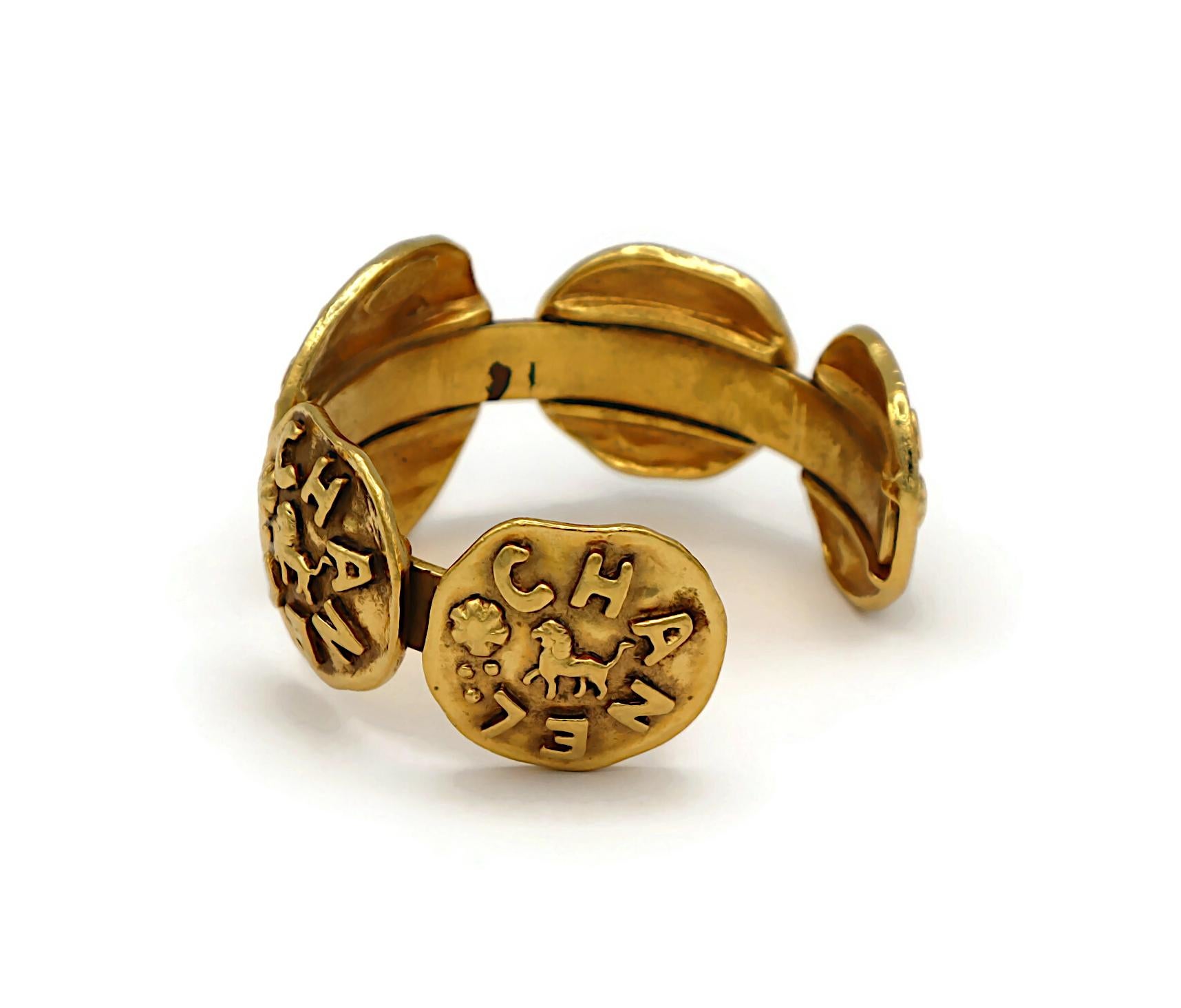CHANEL Vintage Gold Tone Lion Medallion Bangle Bracelet For Sale 3