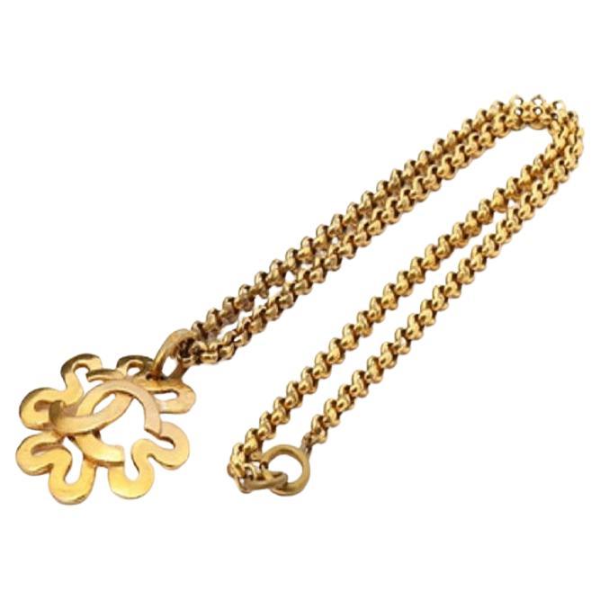 Chanel Vintage Gold-Tone Metal CC Spring Flower Long Necklace