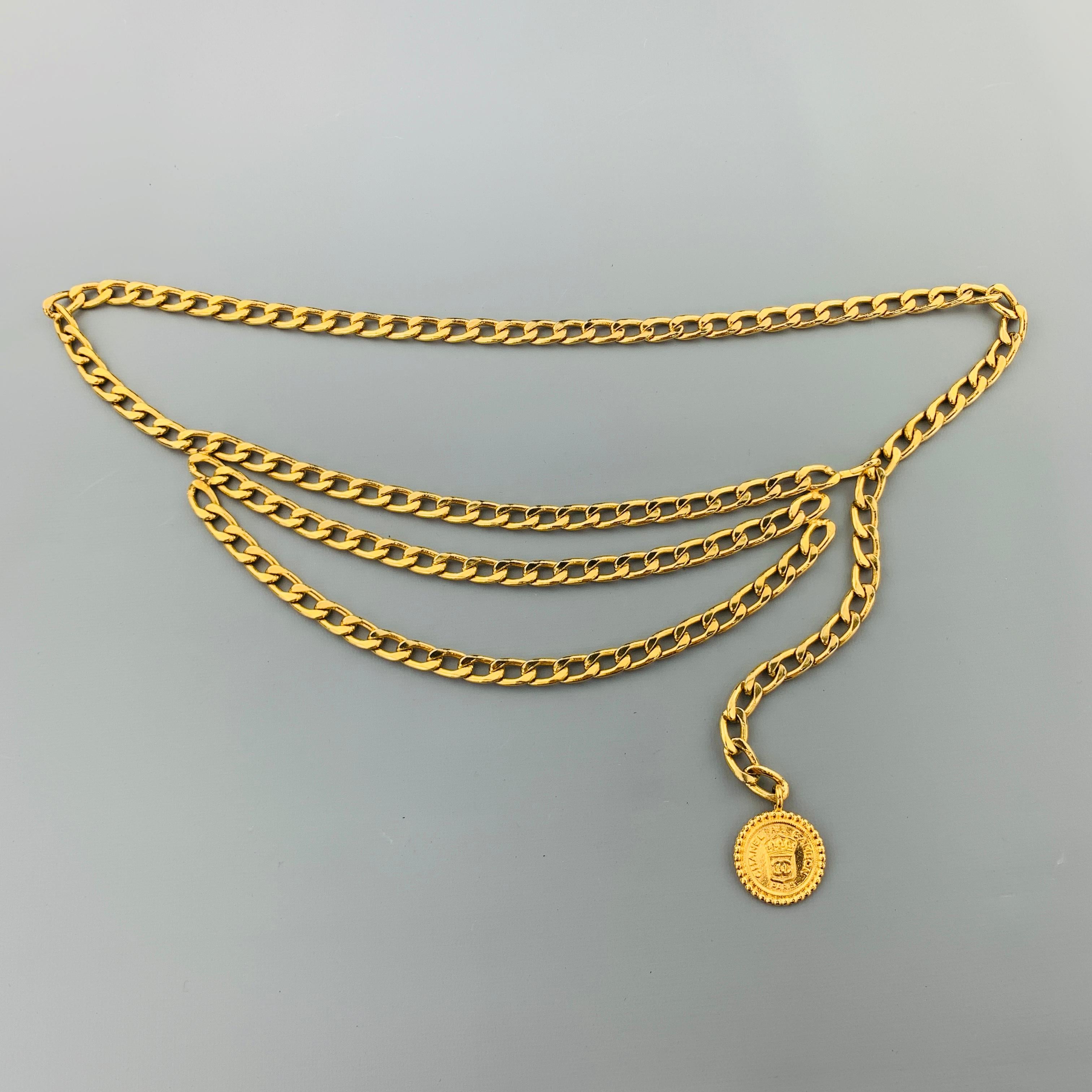 Women's CHANEL Vintage Gold Tone Metal Curb Chain Drop Rue Cambon Medallion Belt