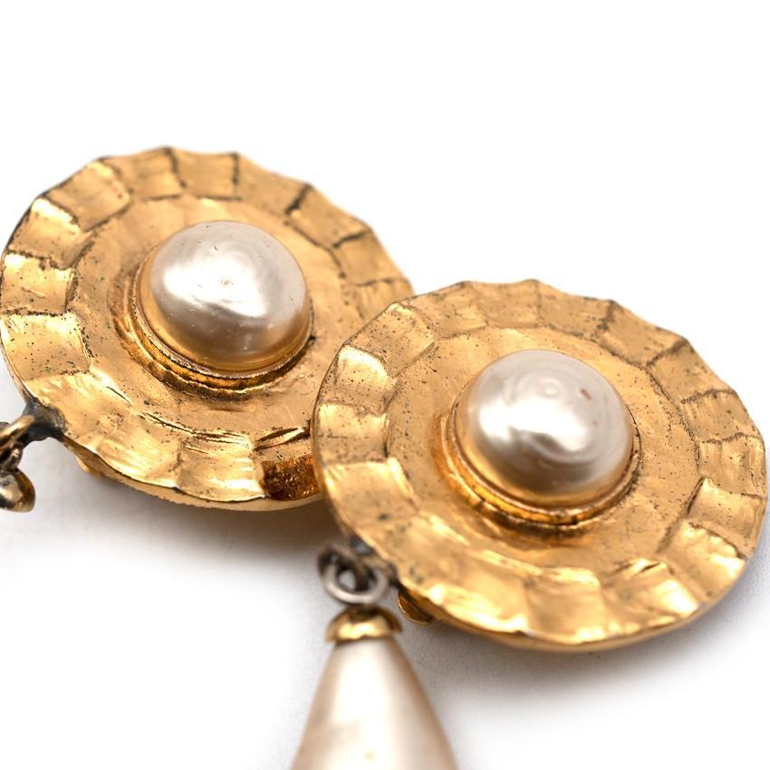 Women's Chanel Vintage Gold-Tone Metal & Faux-Pearl Clip Drop Earrings For Sale