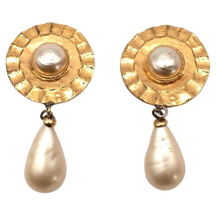 Chanel Vintage Gold-Tone Metal & Faux-Pearl Clip Drop Earrings For Sale
