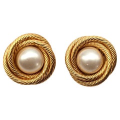 Chanel Vintage Gold-Tone Metal & Faux Pearl Clip Earrings