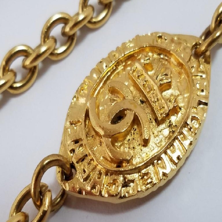 Chanel Vintage Gold-Tone Metal Oval CC Crown Medallion Long Necklace