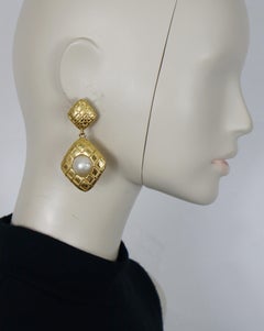 CHANEL Vintage Gold Tone Quilted Losange Dangle Earrings