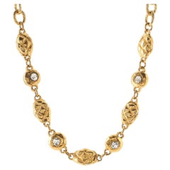 Chanel Vintage Gold-tone Quilted Medallion Metal with Crystal Necklace