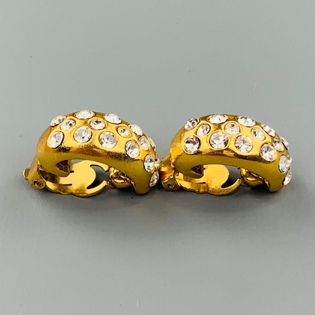 CHANEL Vintage Gold Tone Rhinestone Half Hoop Clip On Earrings In Excellent Condition In San Francisco, CA