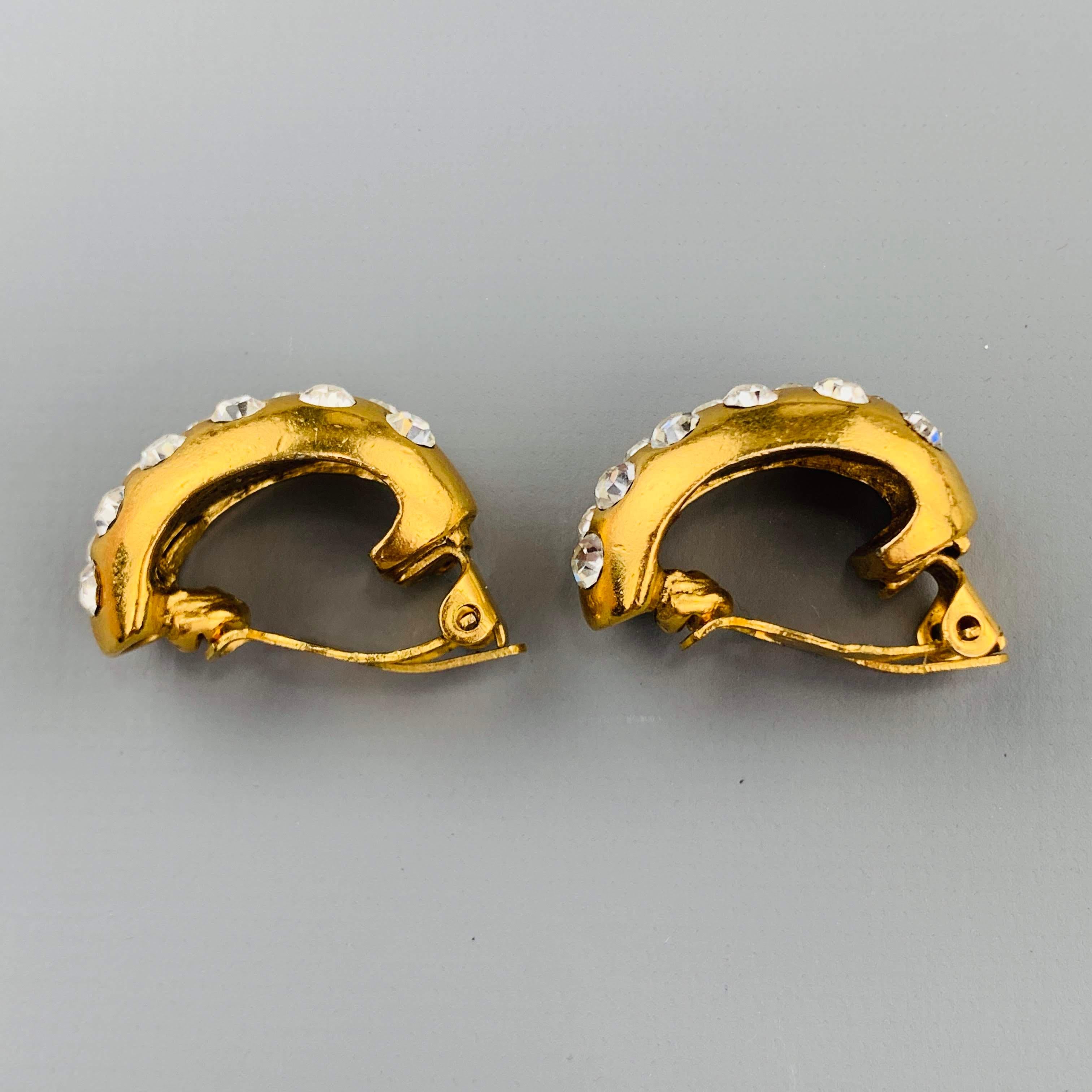 CHANEL Vintage Gold Tone Rhinestone Half Hoop Clip On Earrings 1