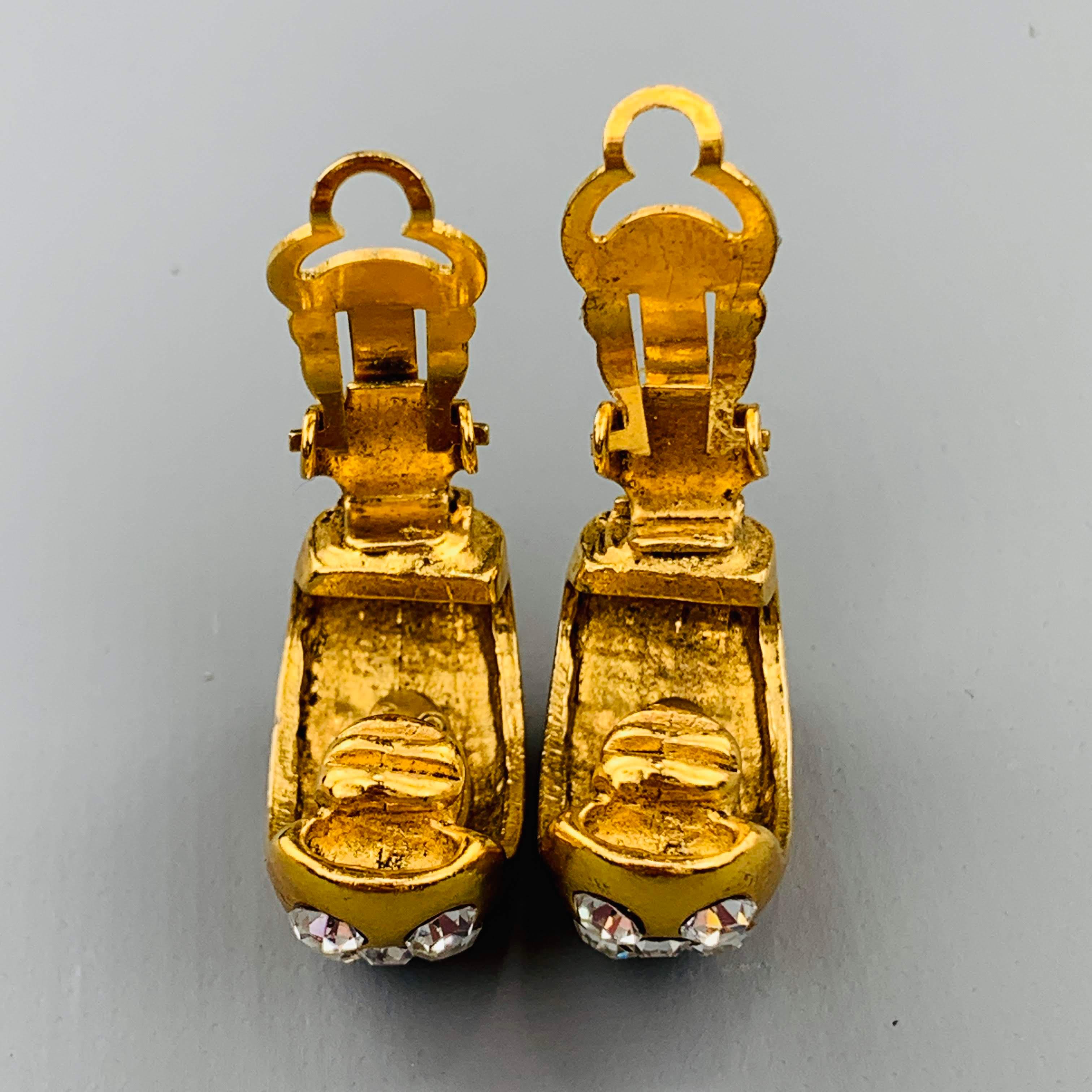 CHANEL Vintage Gold Tone Rhinestone Half Hoop Clip On Earrings 2