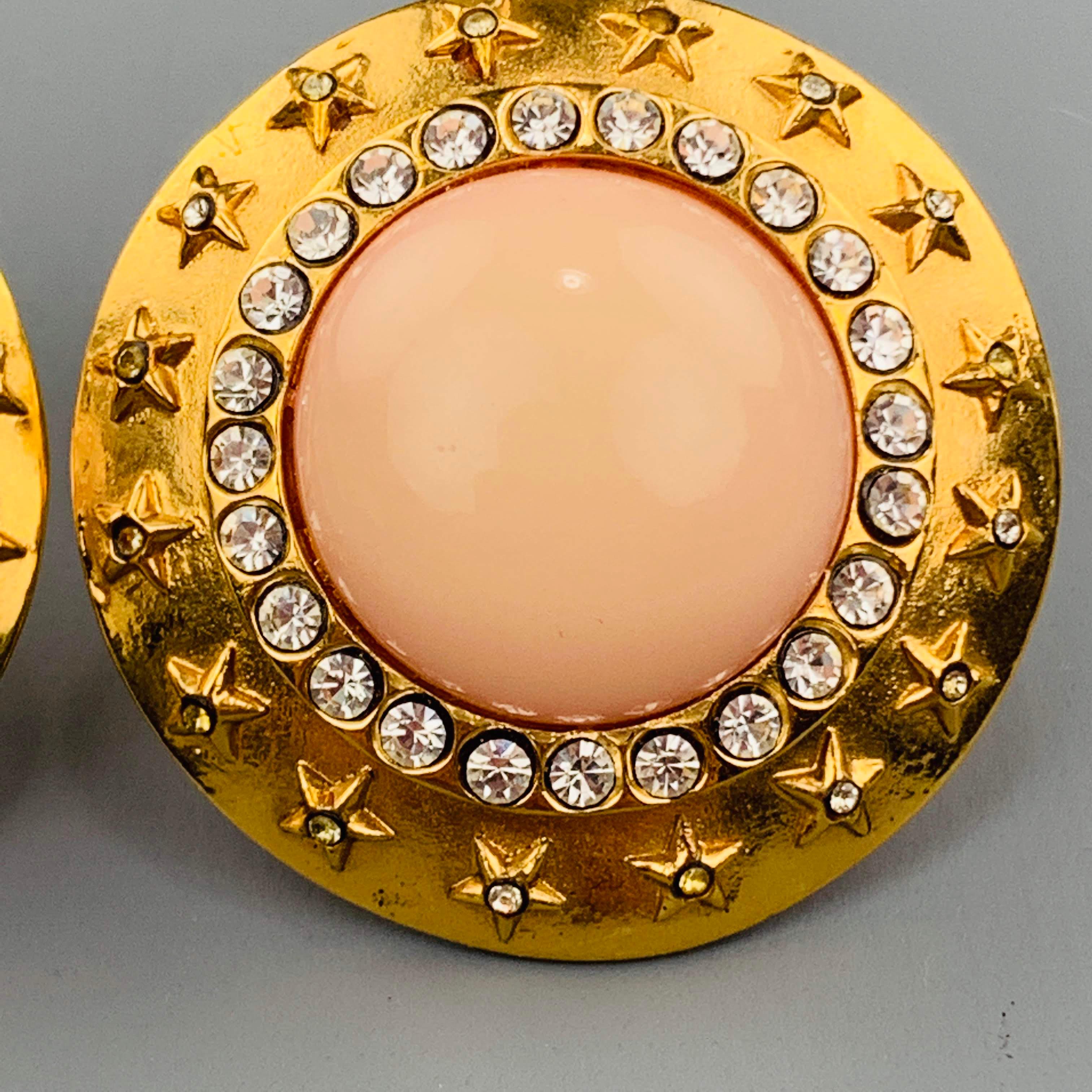 CHANEL Vintage Gold Tone Rhinestones Pink Stone Stars Clip On Earrings In Good Condition In San Francisco, CA