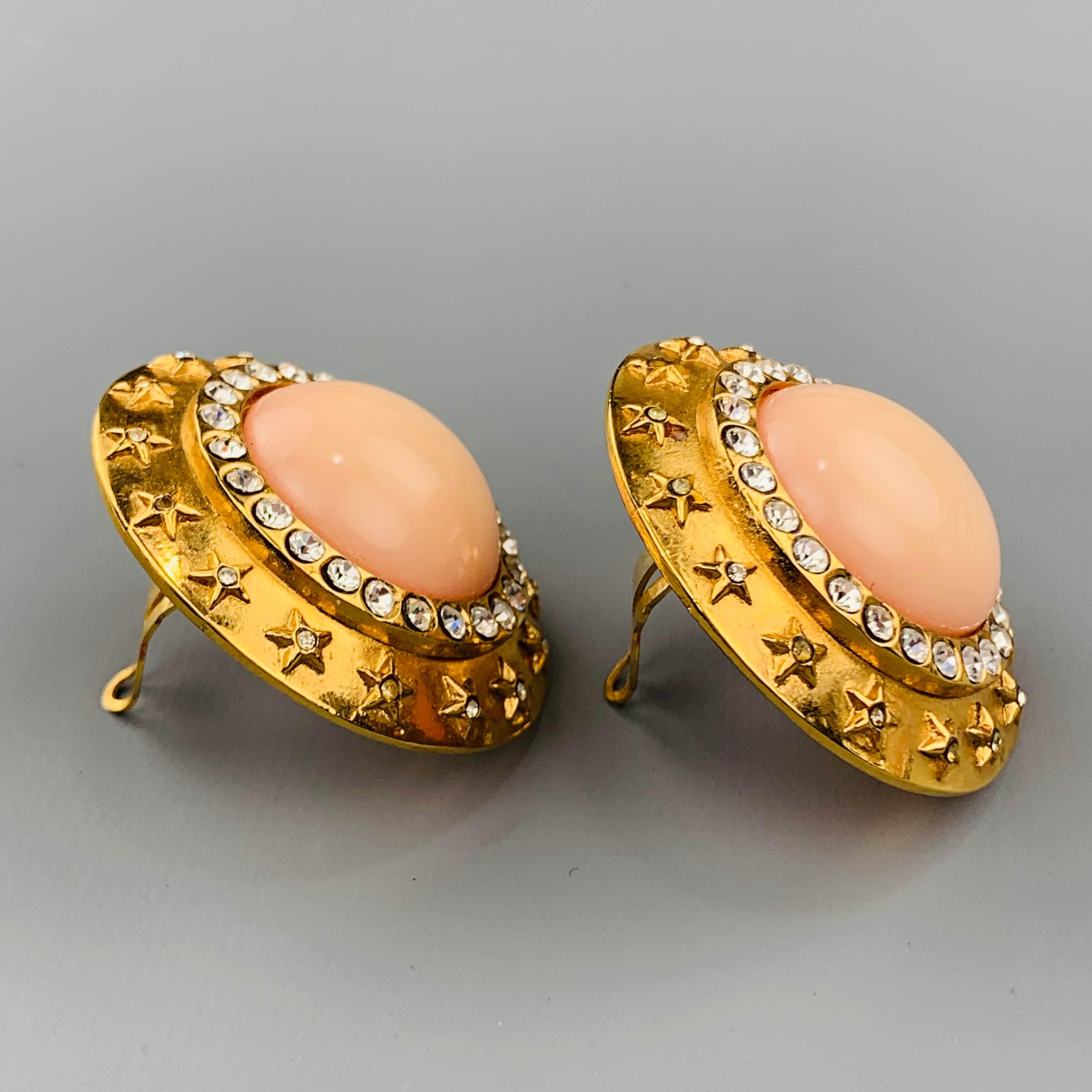 CHANEL Vintage Gold Tone Rhinestones Pink Stone Stars Clip On Earrings 1