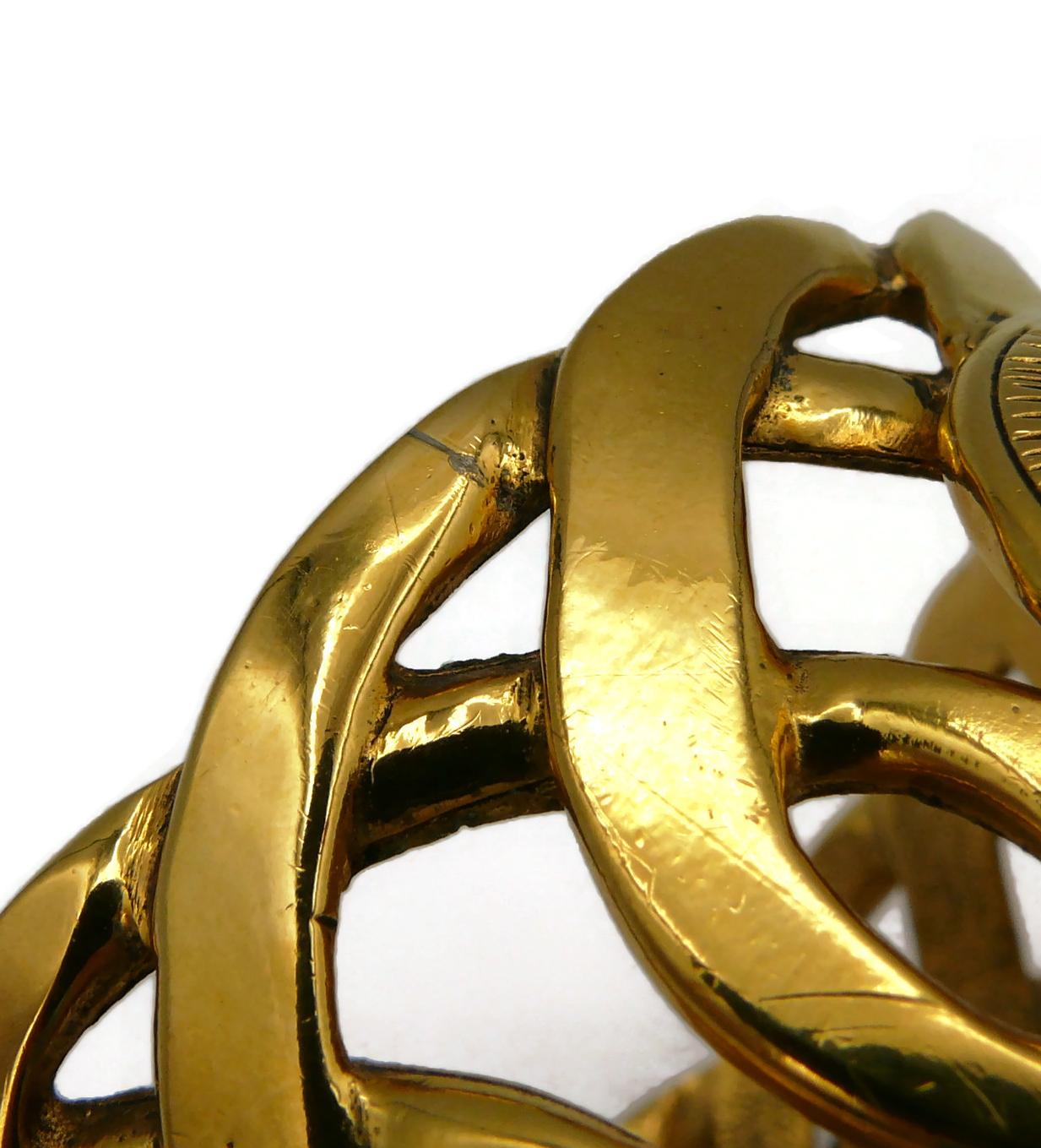 CHANEL Vintage Gold Tone Rigid Chain & CC Medallion Cuff Bracelet For Sale 7
