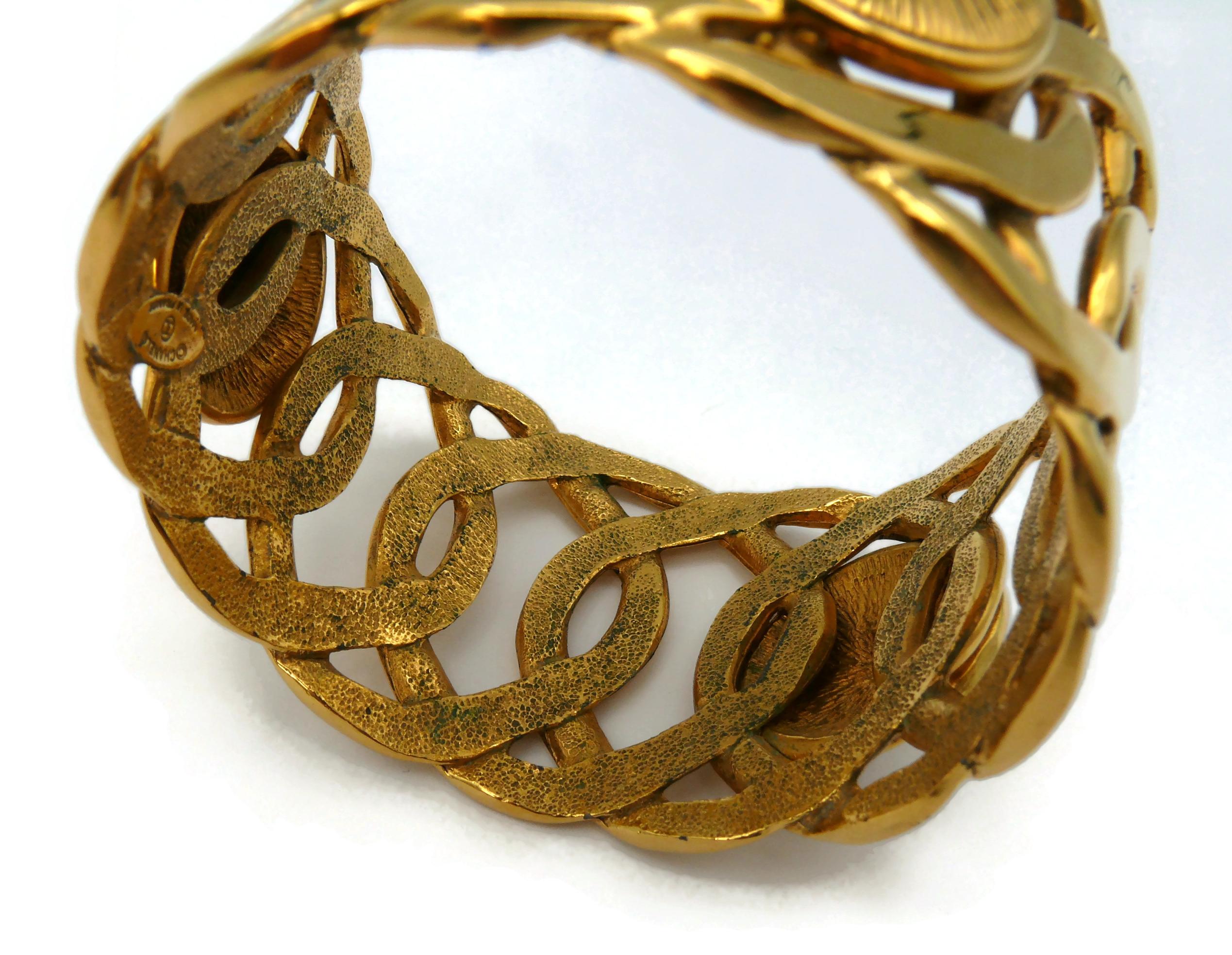 CHANEL Vintage Gold Tone Rigid Chain & CC Medallion Cuff Bracelet For Sale 11