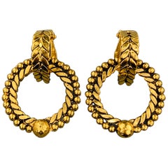 CHANEL Antique Gold Tone Textured Clip-On Hoop Stud Earrings