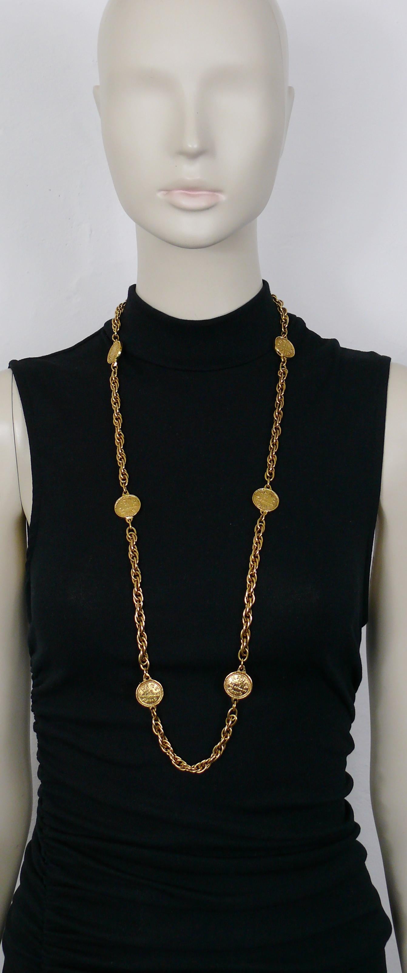 CHANEL vintage gold toned chain necklace featuring 6 medallions embossed CHANEL 31 RUE CAMBON PARIS.

Spring clasp closure.

Embossed Marked CHANEL Made in France.

Indicative measurements : chain length approx. 92 cm (36.22 inches) /  medallions
