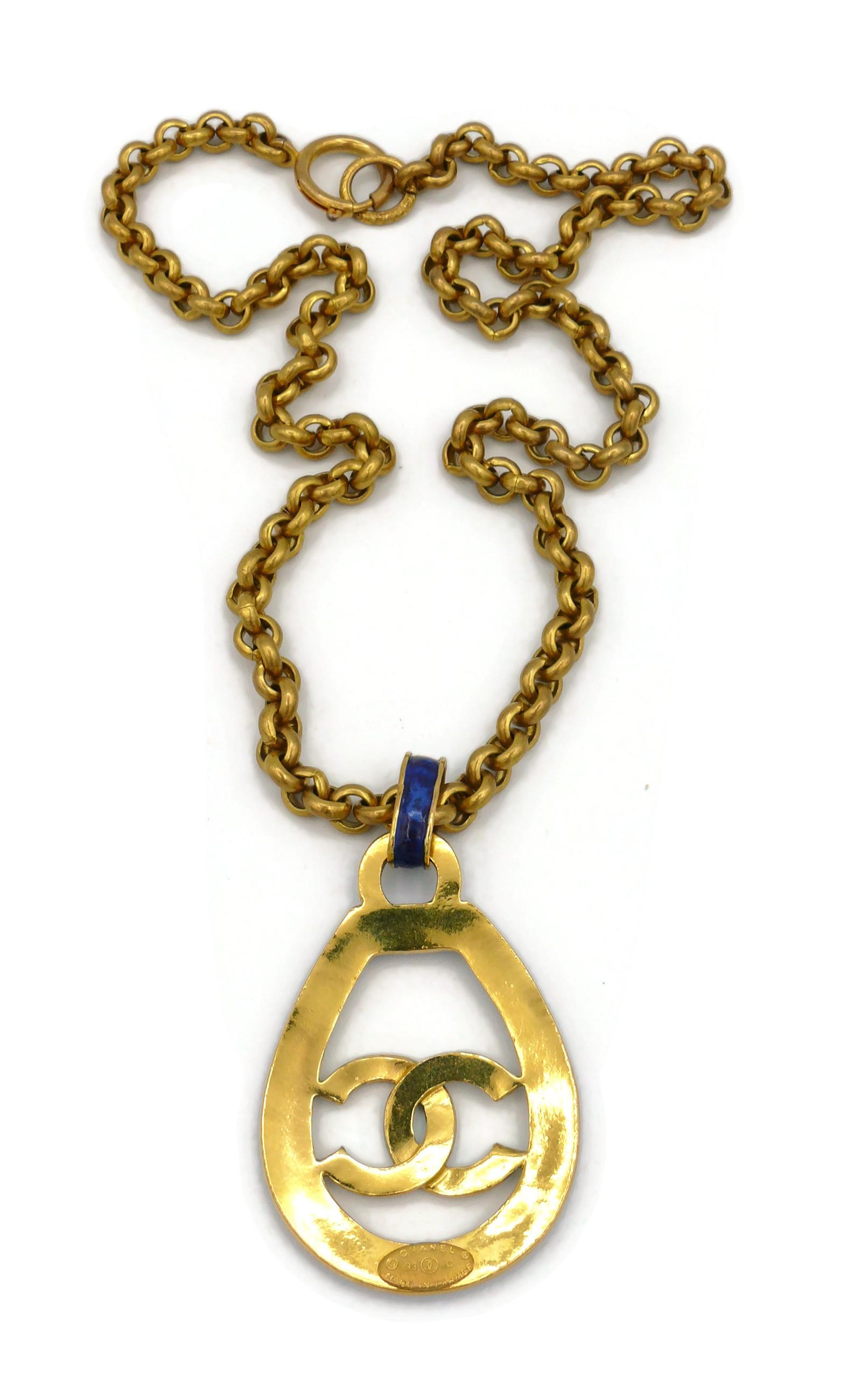 Chanel Vintage Gold Toned Blue Logo Pendant Necklace, 1993 For Sale 6