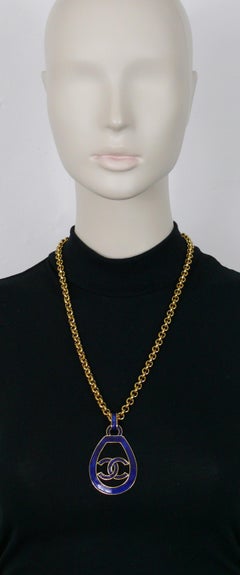 Chanel Vintage Gold Toned Blue Logo Pendant Necklace, 1993