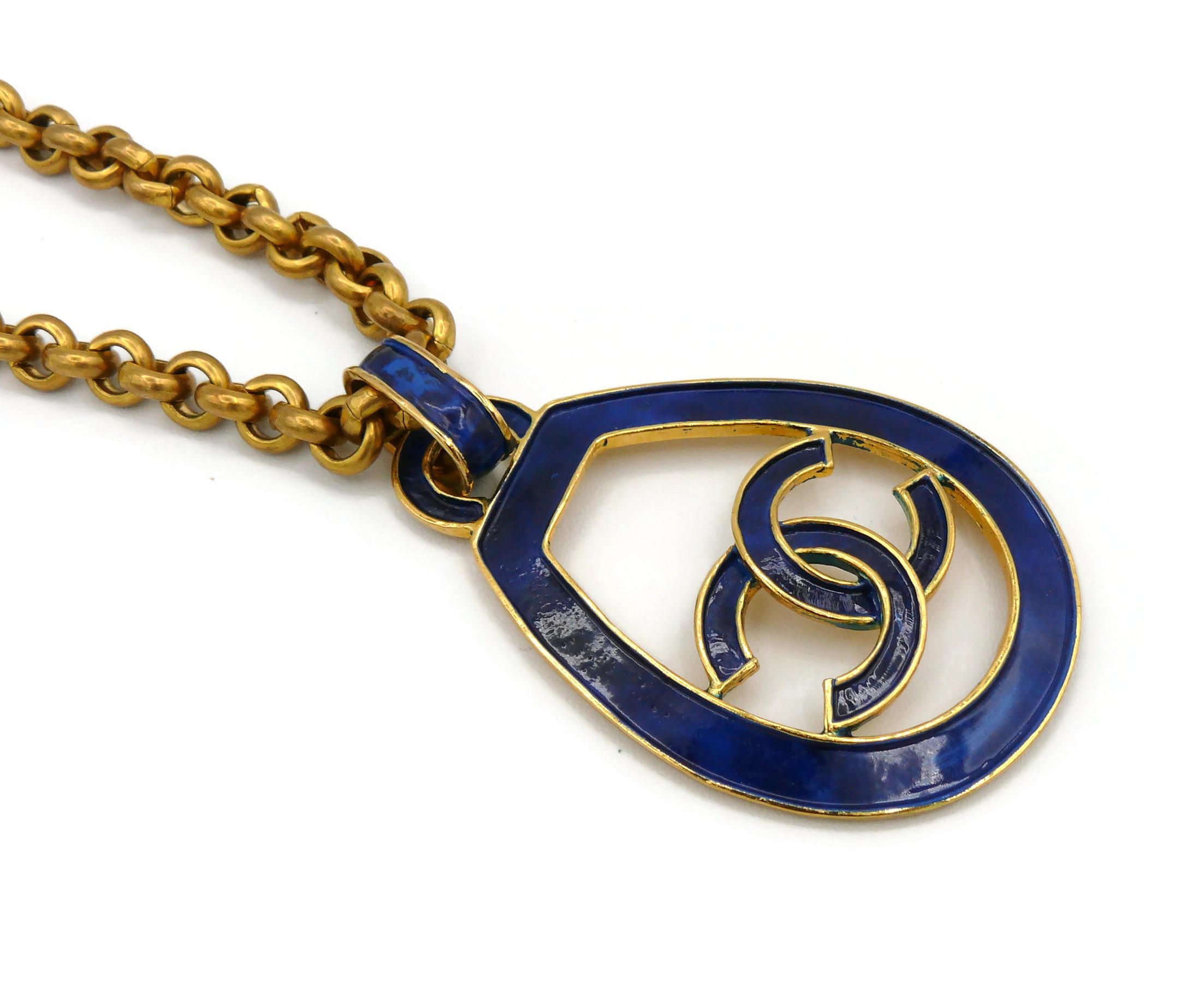 Women's Chanel Vintage Gold Toned Blue Logo Pendant Necklace, 1993 For Sale
