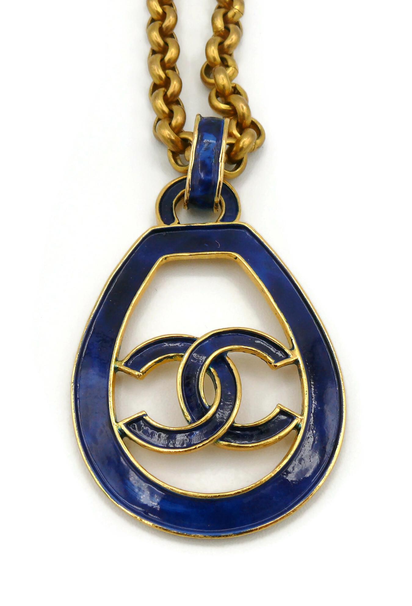 Chanel Vintage Gold Toned Blue Logo Pendant Necklace, 1993 For Sale 1
