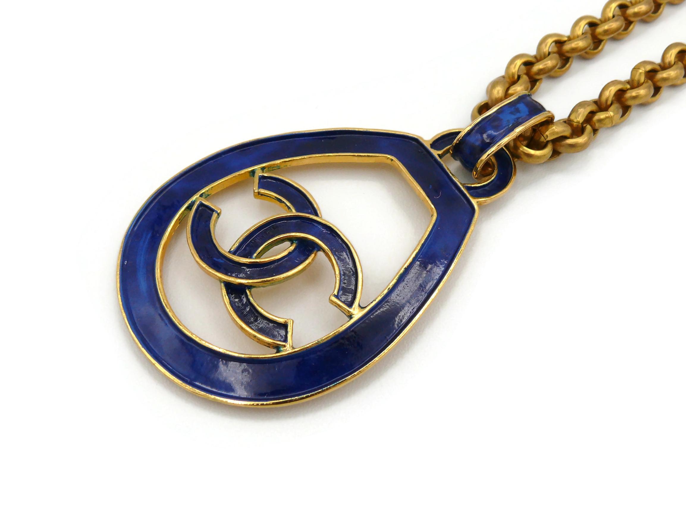 Chanel Vintage Gold Toned Blue Logo Pendant Necklace, 1993 For Sale 2