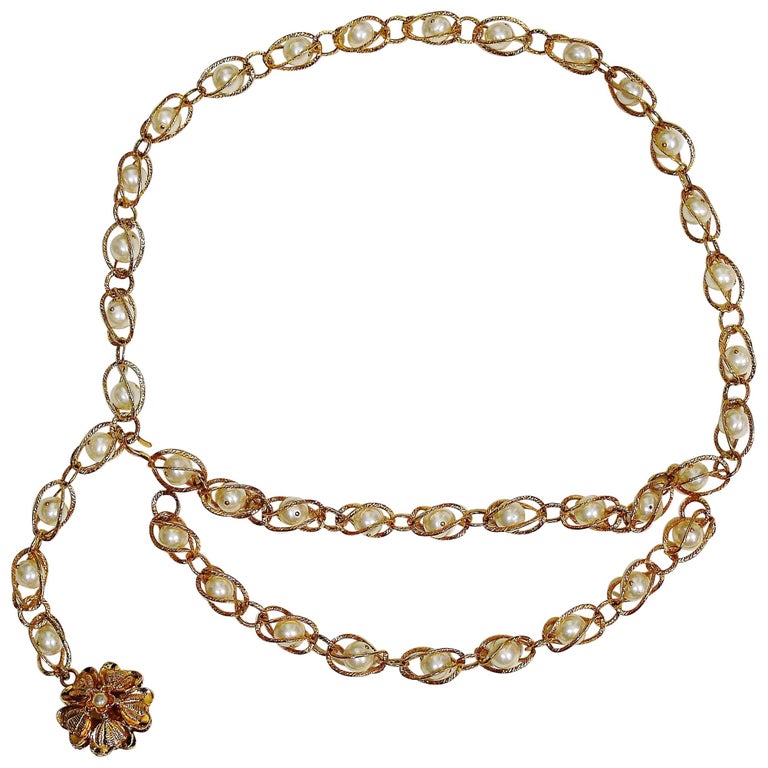 Chanel Vintage Gold Toned Caged Pearl Belt