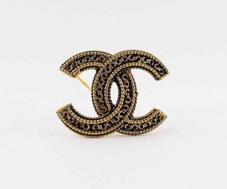 Chanel - Vintage Gold Tone Metal CC Logo Lapis Stone Brooch 95A 1995 French Gilt