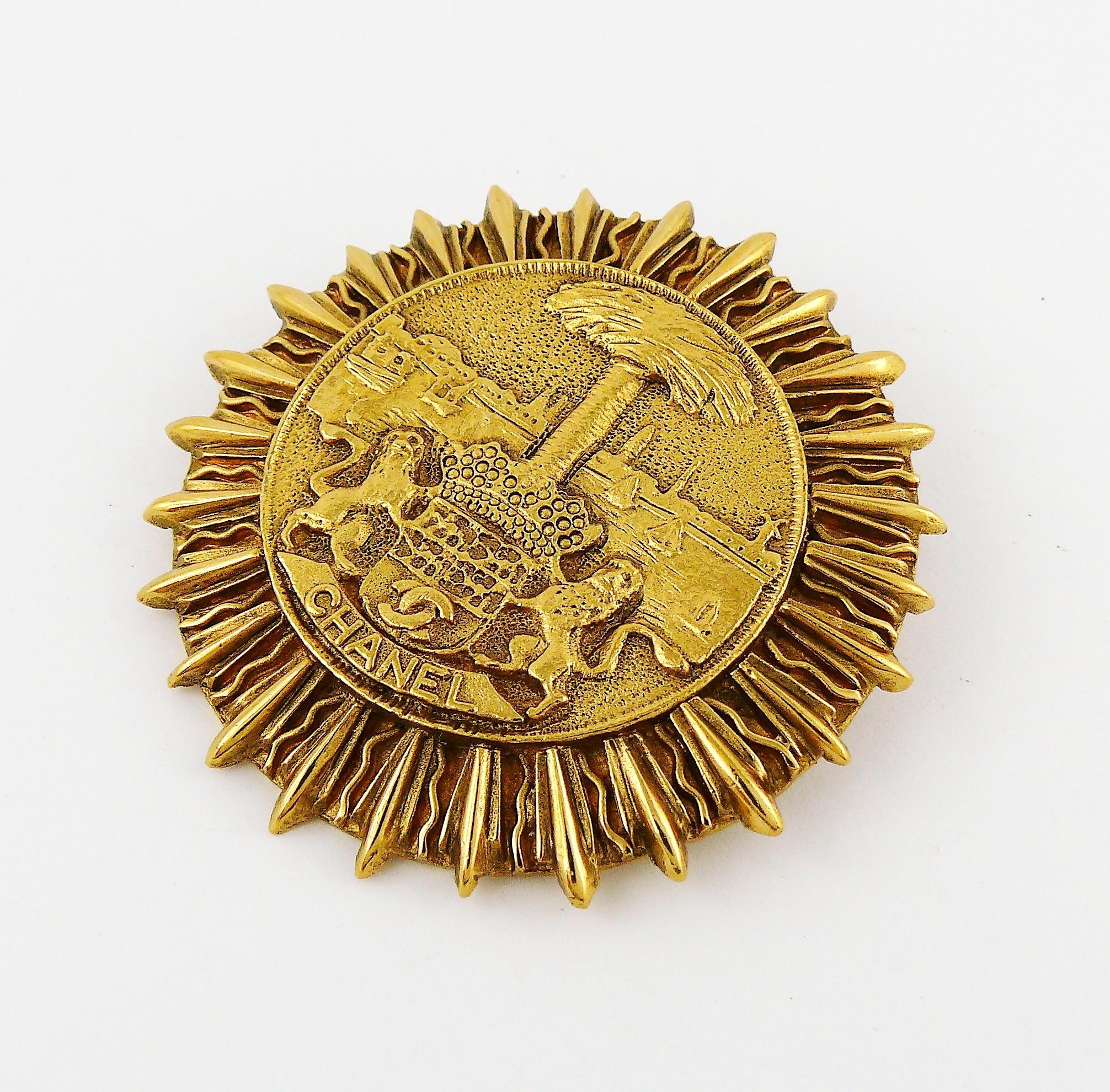 Women's Chanel Vintage Gold Toned Coat of Arms Sunburst Brooch