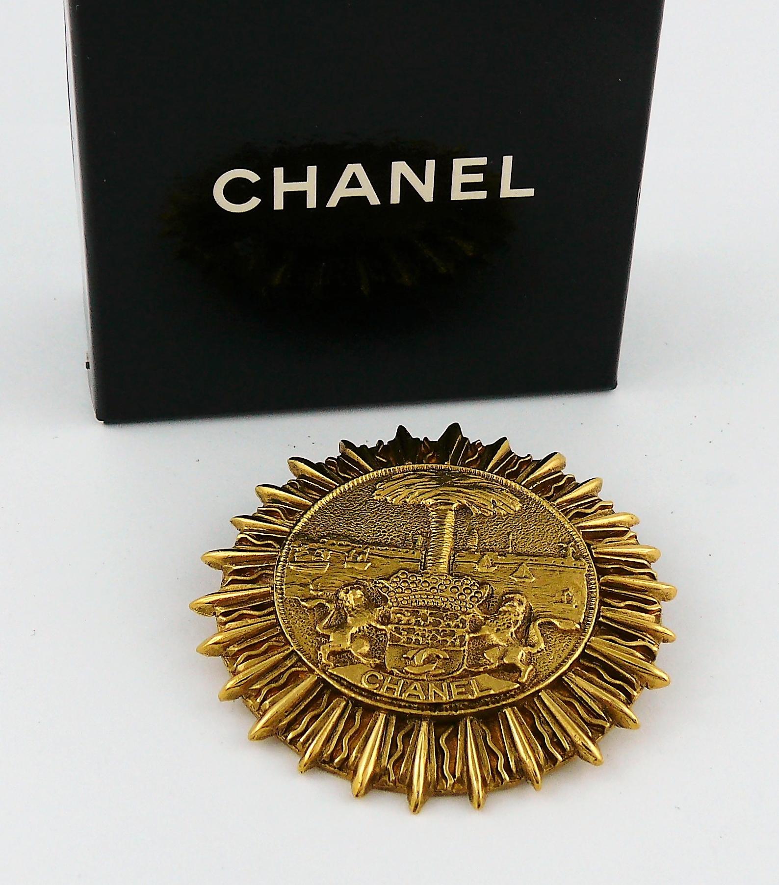 Chanel Vintage Gold Toned Coat of Arms Sunburst Brooch 1