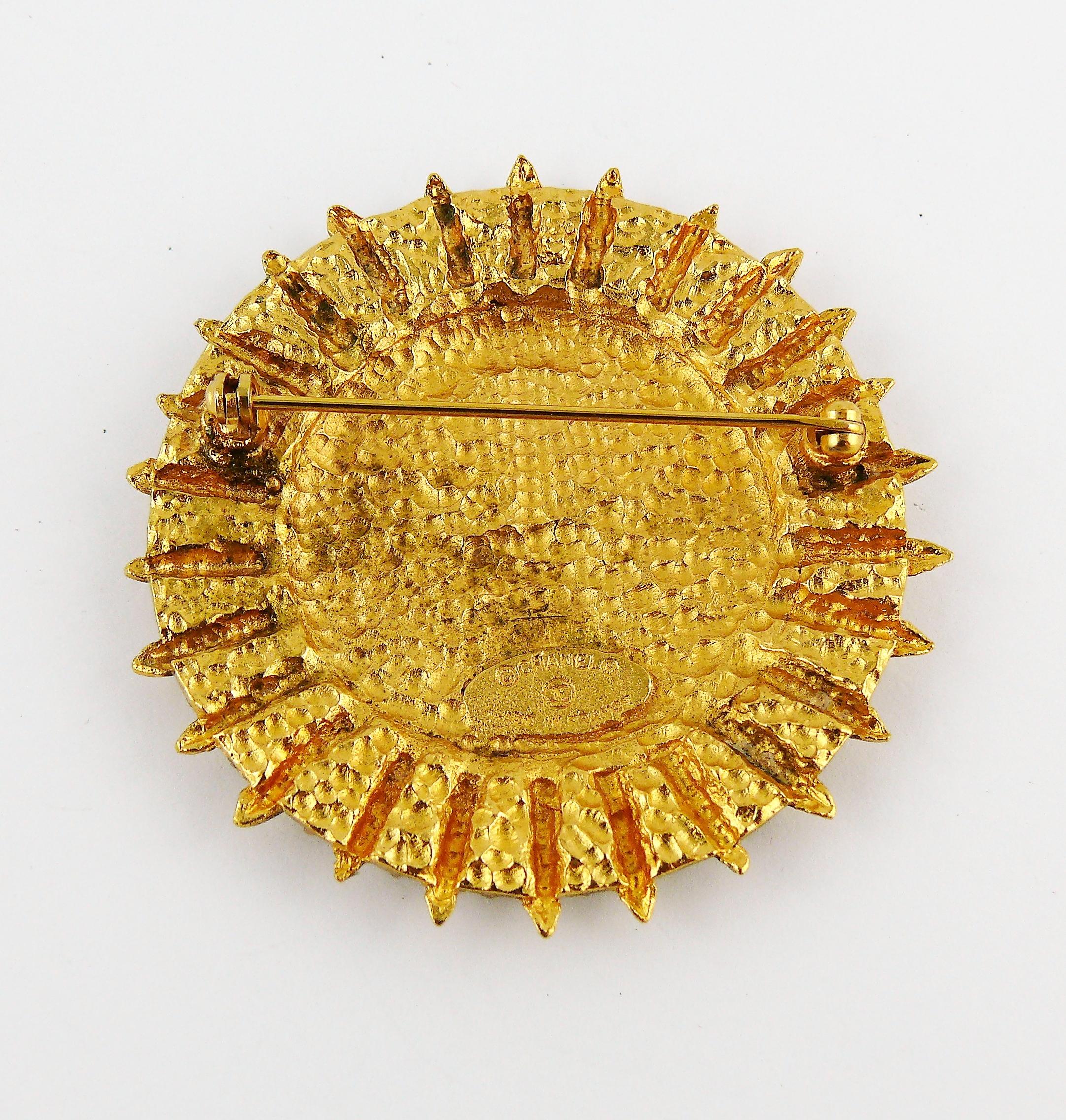 Chanel Vintage Gold Toned Coat of Arms Sunburst Brooch 2