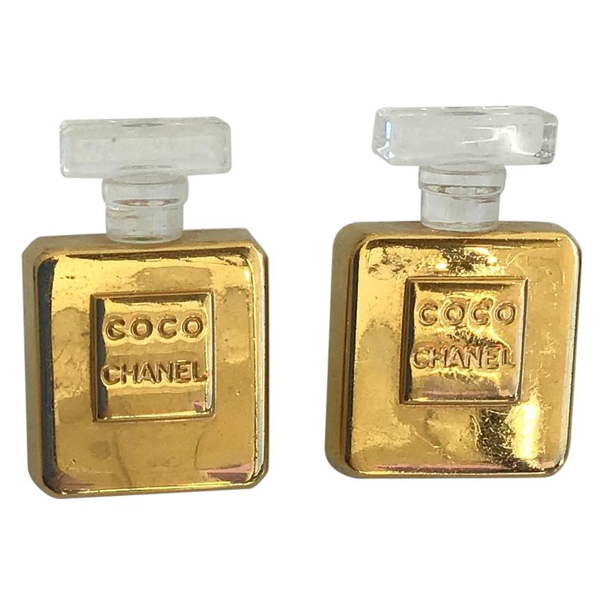Chanel Vintage Gold Toned Coco Perfume Bottle Clip-On Earrings For