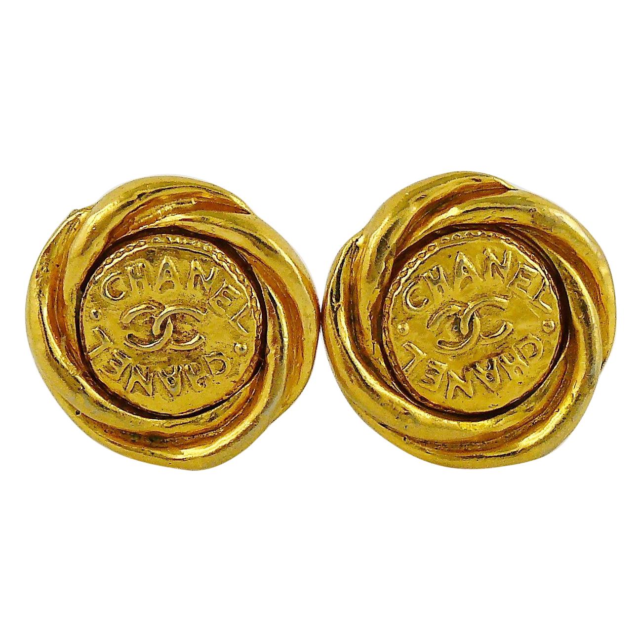 Chanel Vintage Gold Toned Coins CC Clip-On Earrings