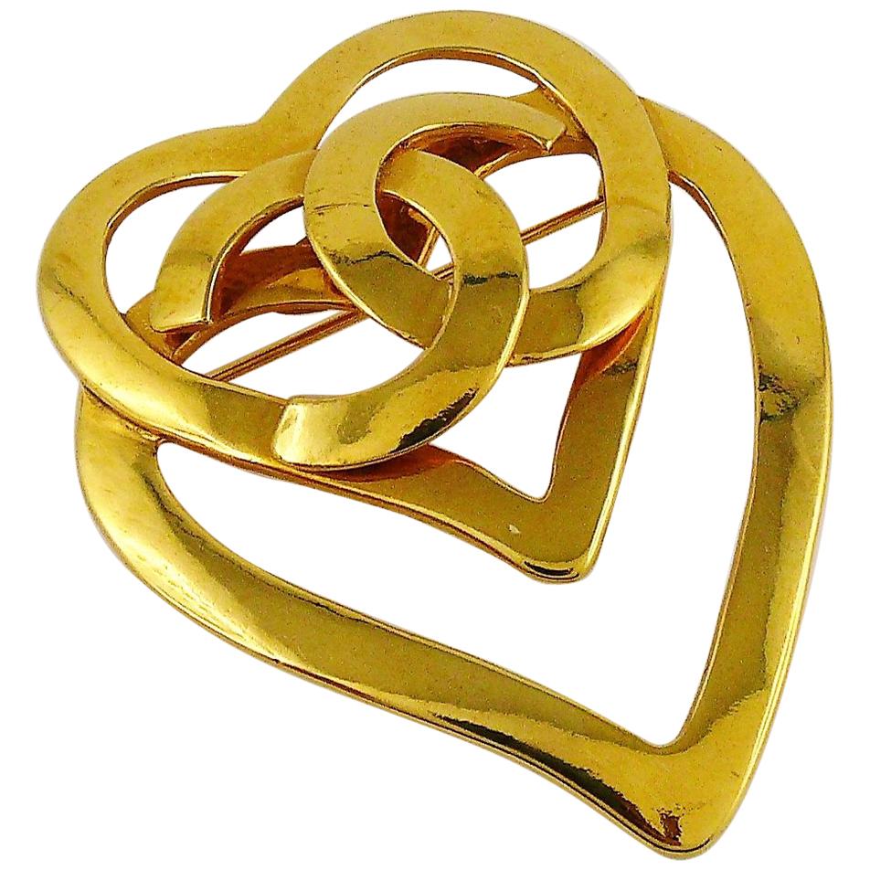 Chanel Vintage Gold Toned Double Heart CC Brooch