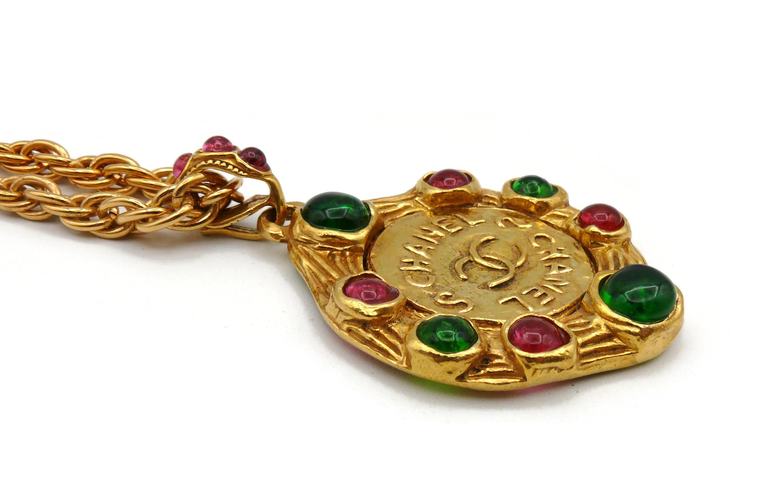 CHANEL Vintage Gold Toned Gripoix CC Medallion Coin Pendant Necklace For Sale 3