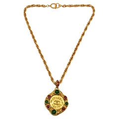 CHANEL Vintage Gold Toned Gripoix CC Medallion Coin Pendant Necklace