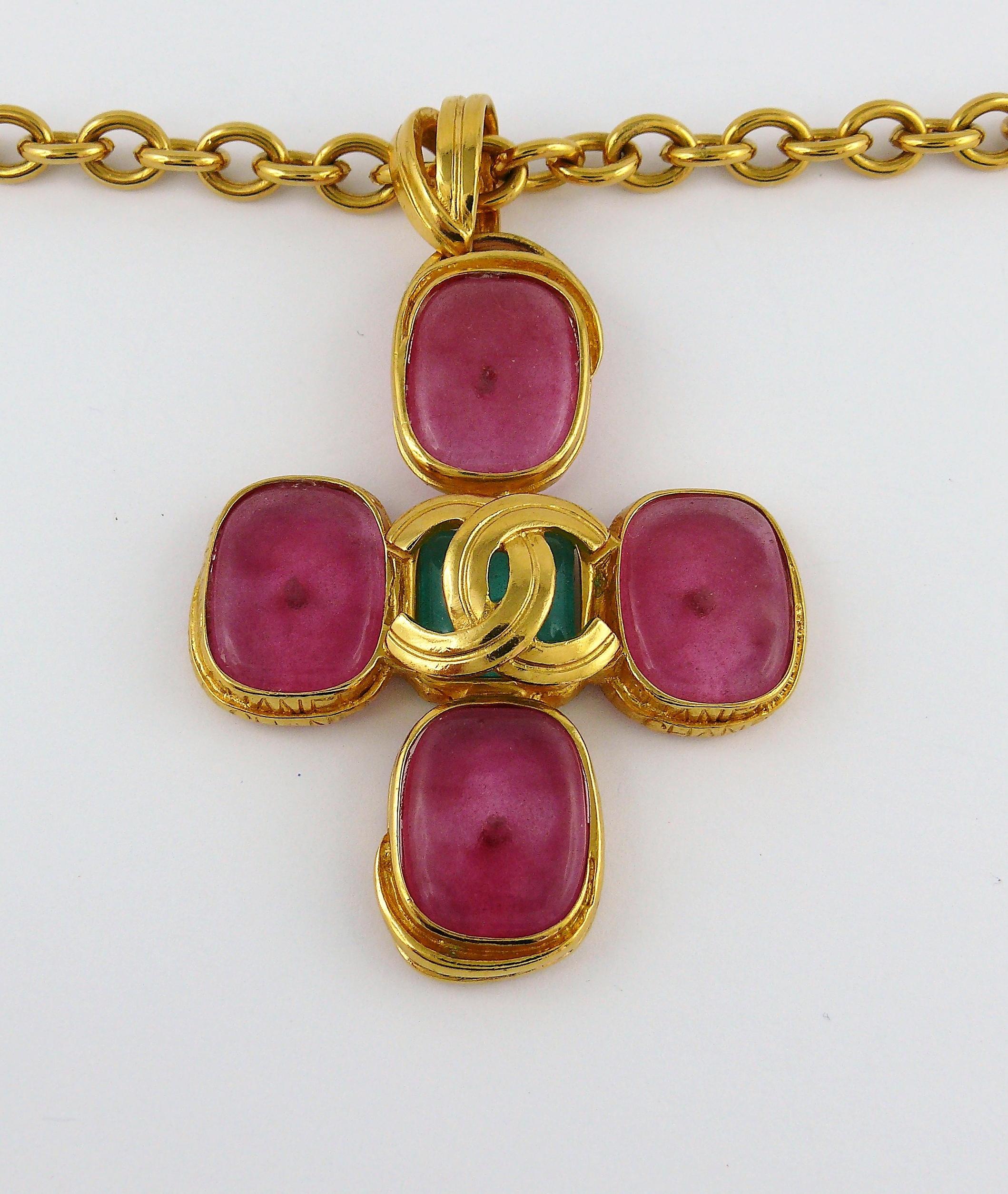 Chanel Vintage Gold Toned Gripoix Cross Pendant Necklace 2