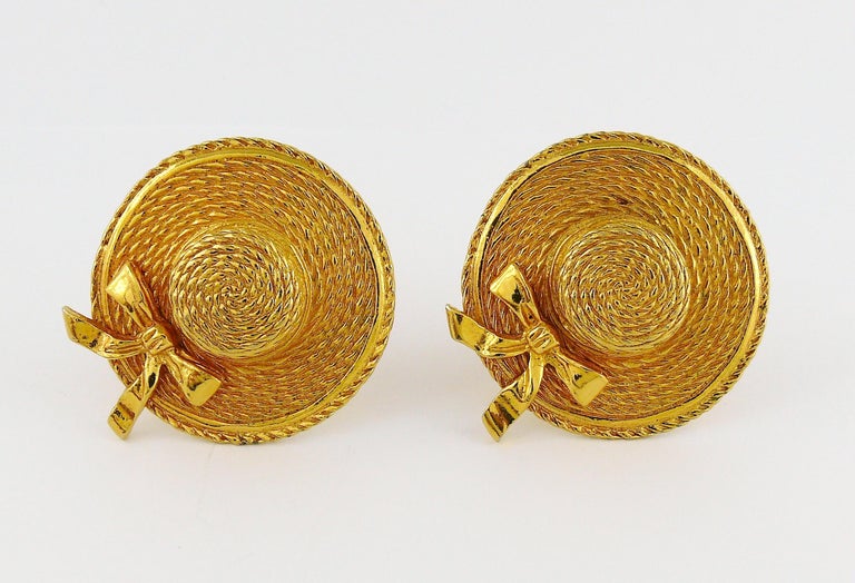 Chanel Vintage Gold Toned Iconic Prairie Straw Hat Clip On Earrings at