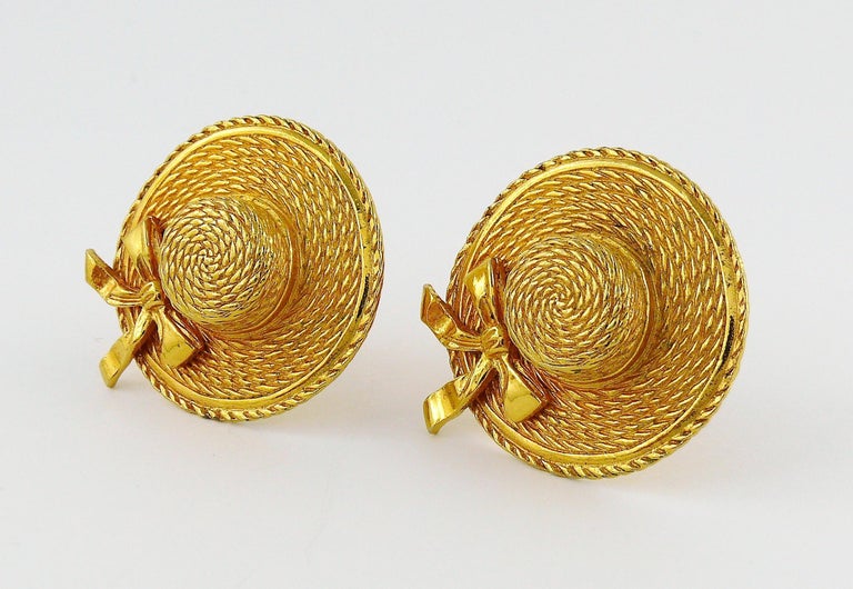 Chanel Vintage Gold Toned Iconic Prairie Straw Hat Clip On Earrings at