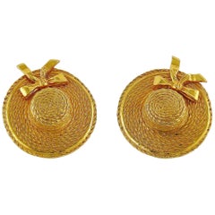 Chanel Vintage Gold Toned Iconic Prairie Straw Hat Clip On Earrings