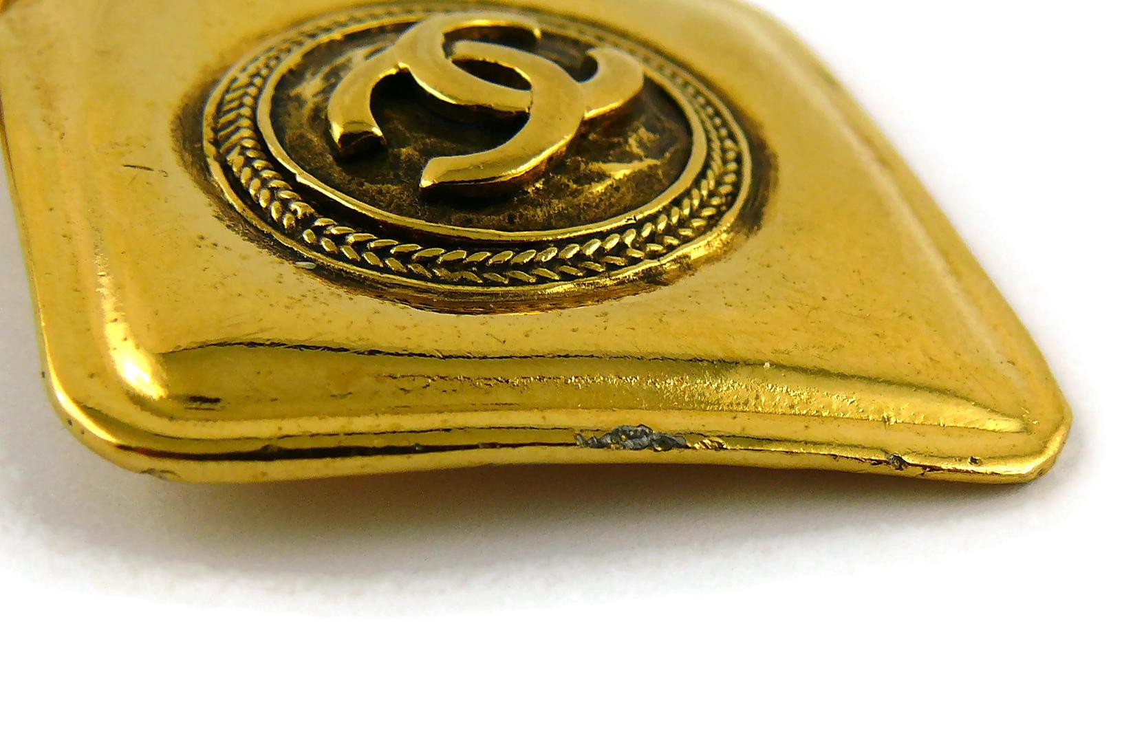 CHANEL Vintage Gold Toned Logo Diamond Shape Dangling Earrings 6