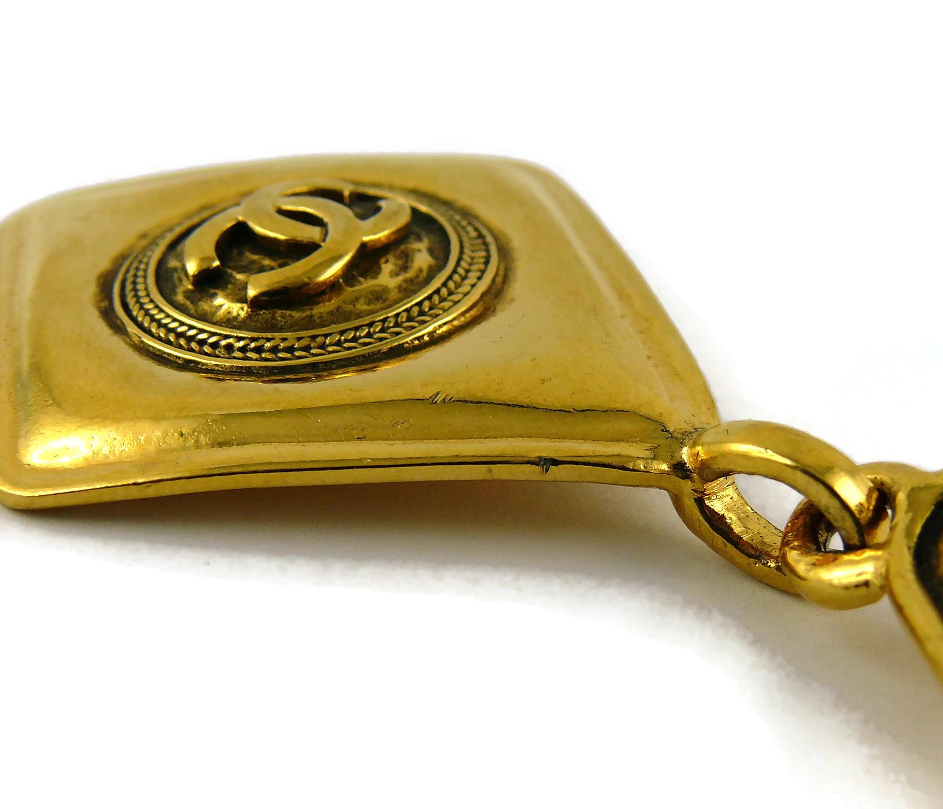 CHANEL Vintage Gold Toned Logo Diamond Shape Dangling Earrings 9