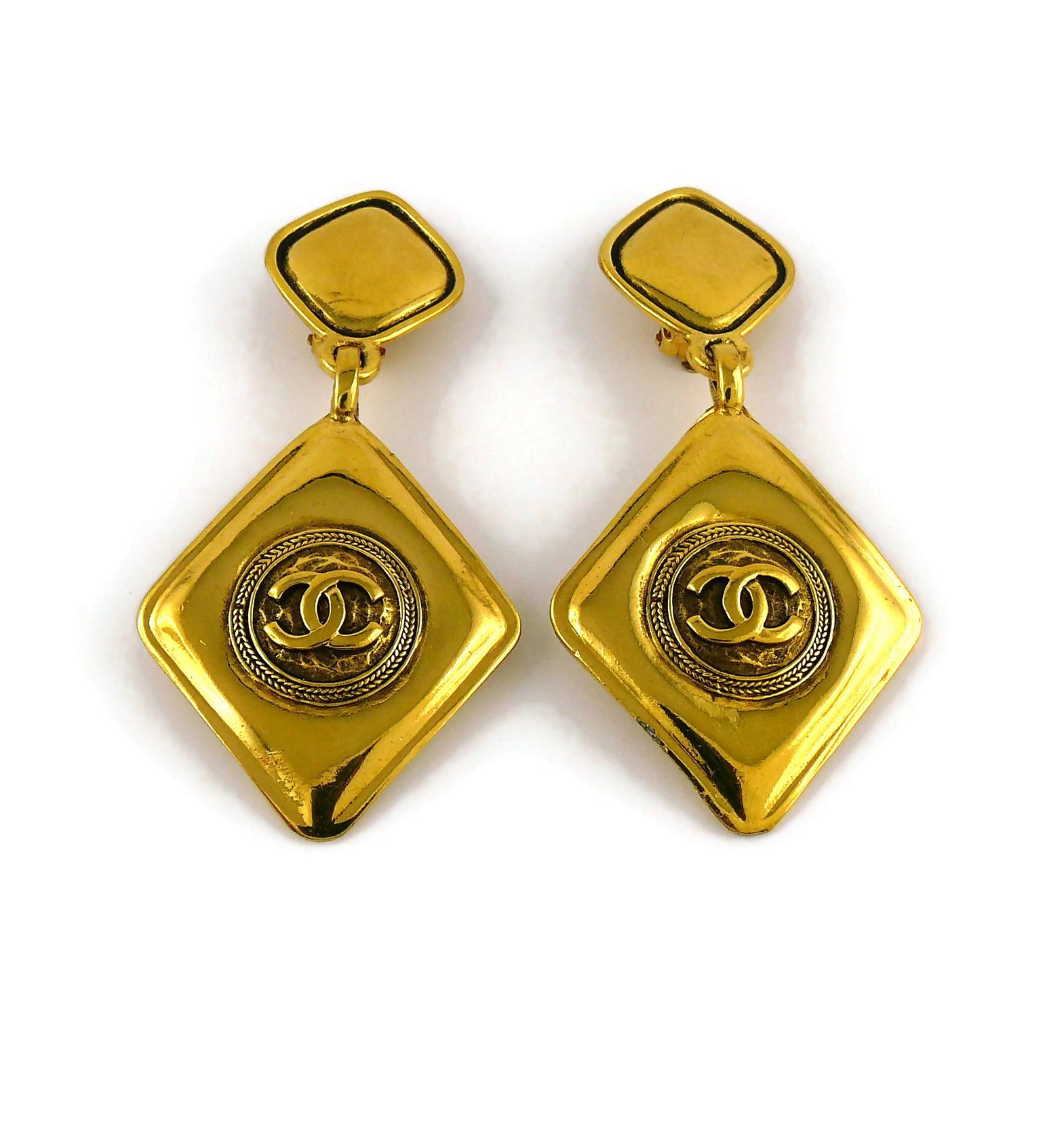 Women's CHANEL Vintage Gold Toned Logo Diamond Shape Dangling Earrings