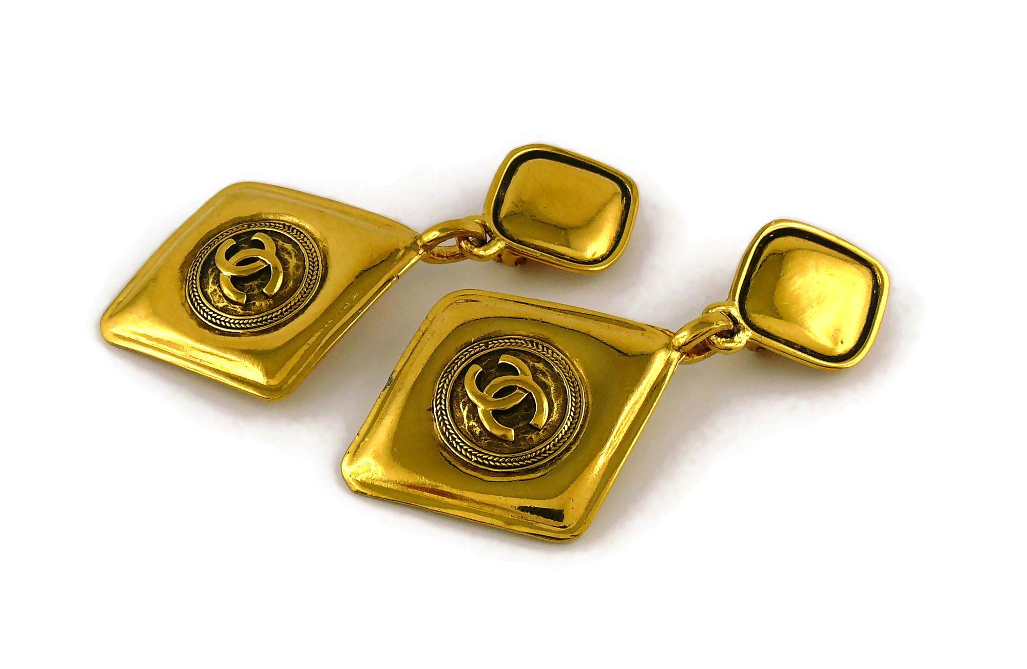 CHANEL Vintage Gold Toned Logo Diamond Shape Dangling Earrings 1