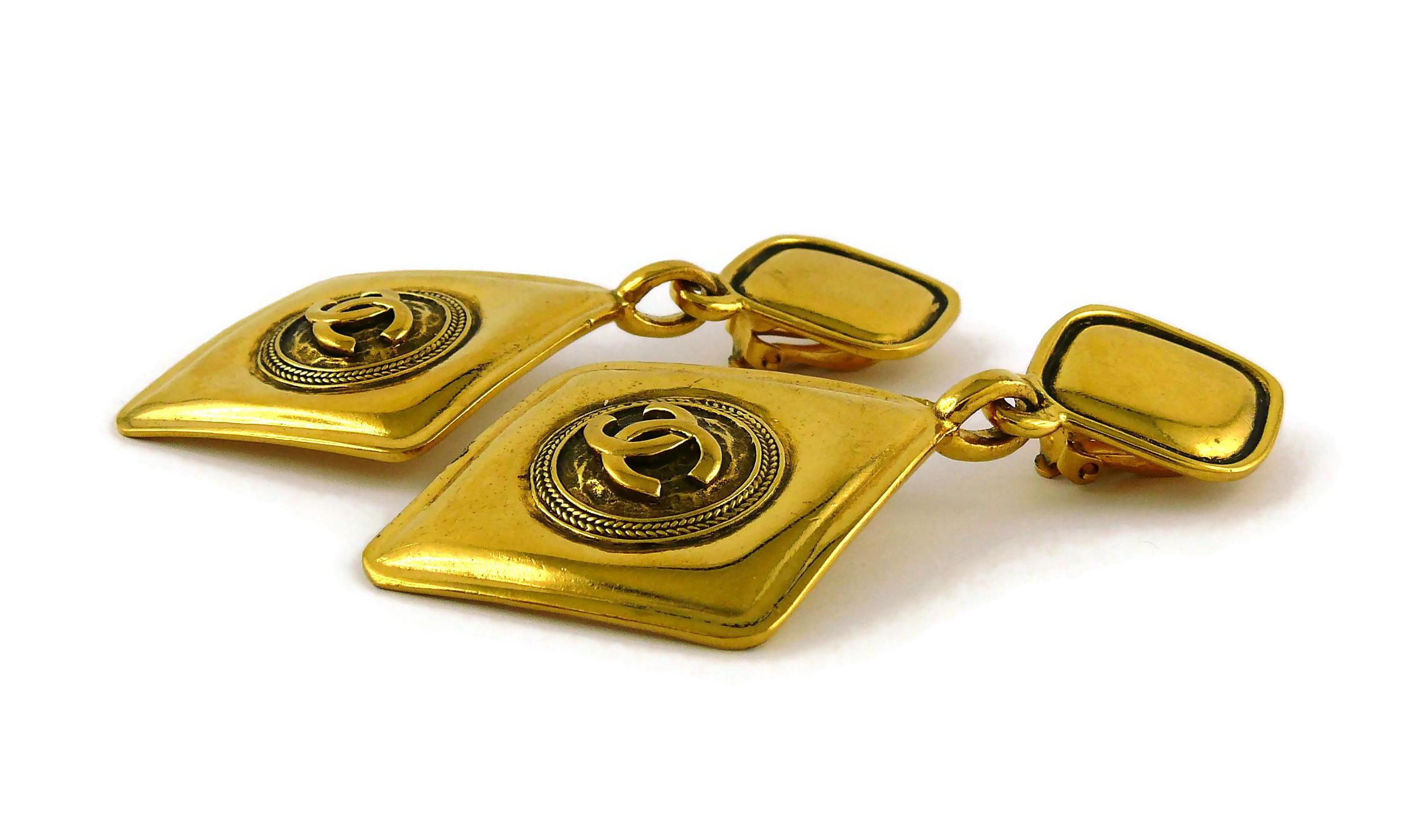 CHANEL Vintage Gold Toned Logo Diamond Shape Dangling Earrings 3