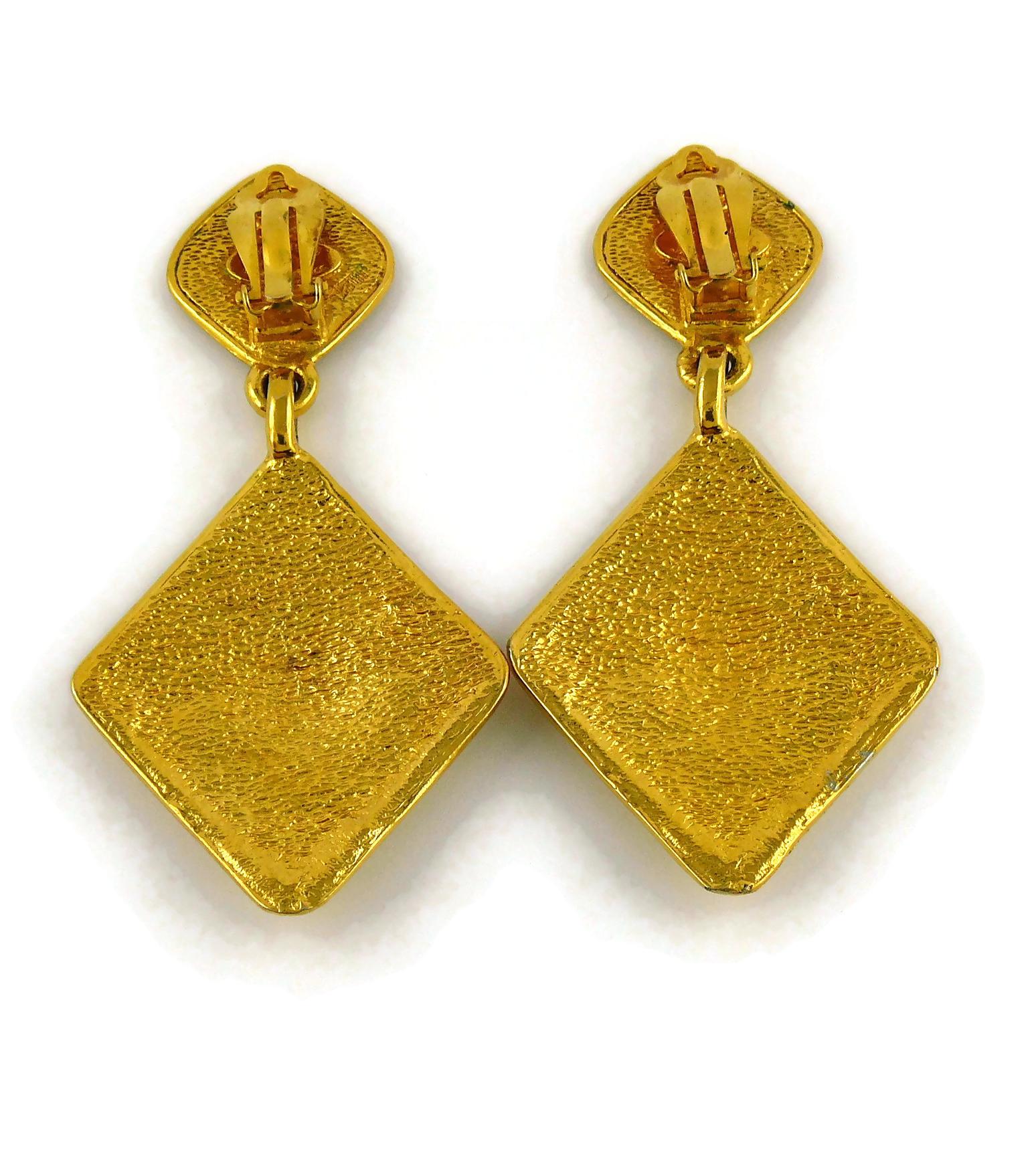 CHANEL Vintage Gold Toned Logo Diamond Shape Dangling Earrings 4