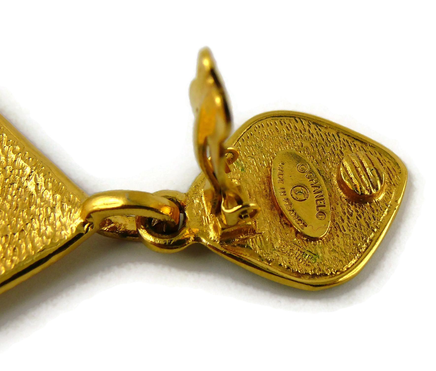 CHANEL Vintage Gold Toned Logo Diamond Shape Dangling Earrings 5