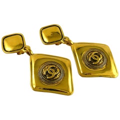 CHANEL Vintage Gold Toned Logo Diamond Shape Dangling Earrings