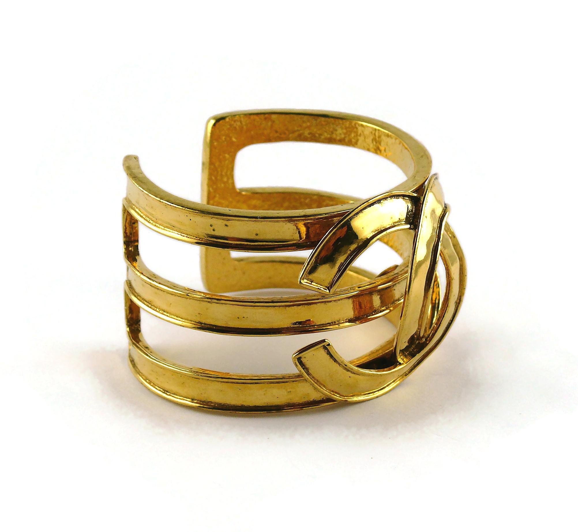 Chanel Vintage Gold Toned Openwork CC Logo Cuff Bracelet For Sale 2