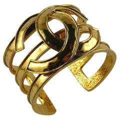 Chanel Vintage Gold Toned Openwork CC Logo Cuff Bracelet