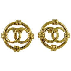 Chanel Vintage Gold Toned Openwork CC Logo Disc Clip On Earrings