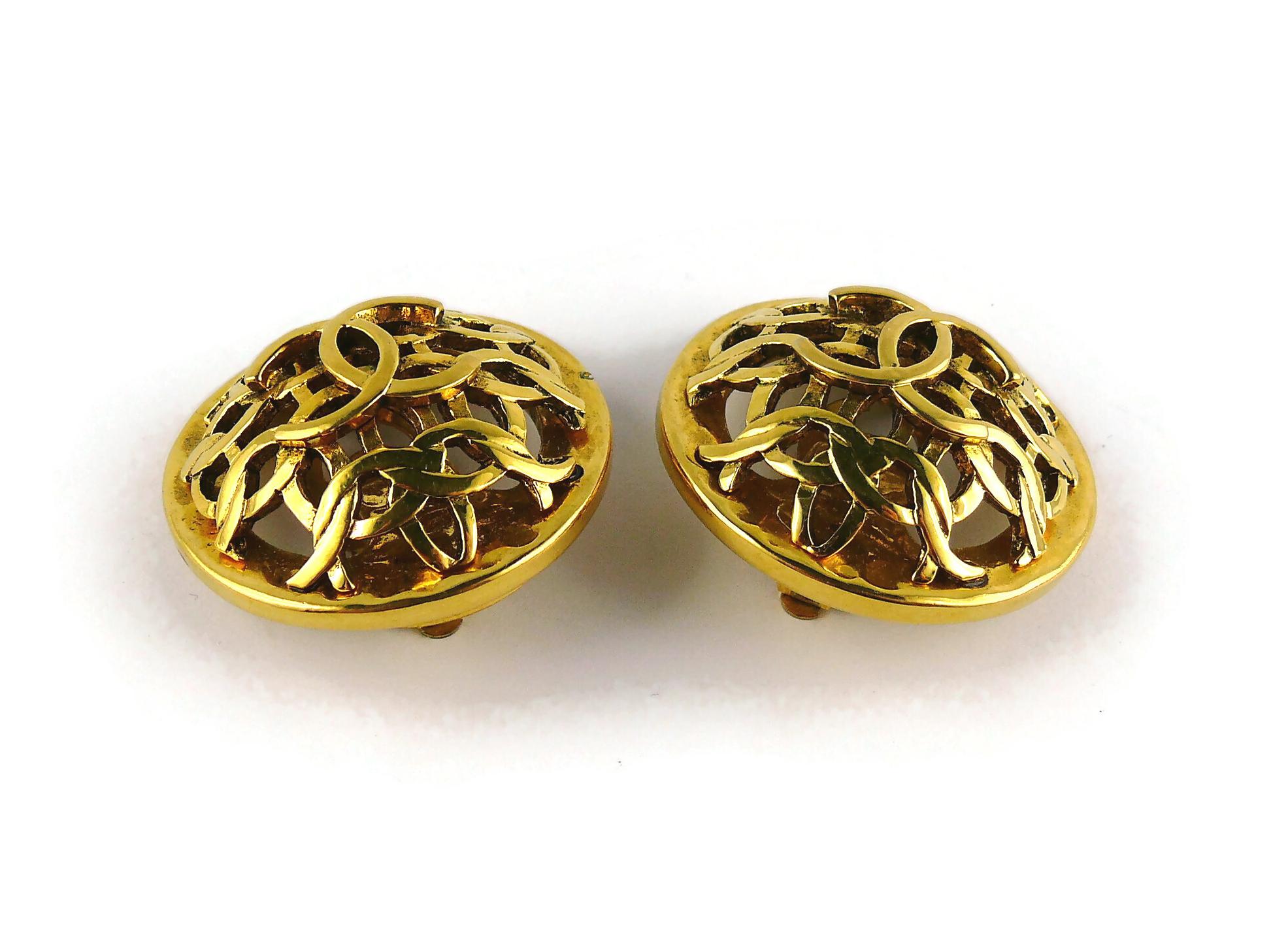 Chanel Vintage Gold Toned Openwork Domed CC Logo Clip-On Earrings For Sale 2